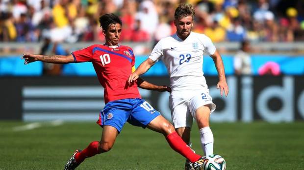 2014 FIFA World Cup - Costa Rica captain Bryan Ruiz makes a challenge on England defender Luke Shaw.